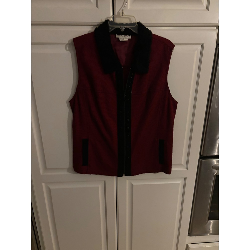 Nancy Bolen City Girl Red Tweed Fur Collar Studded Zip Vest Women's XL